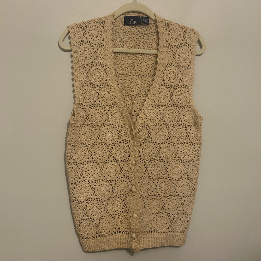 Vintage OBR Granny Chic Boho Beige Crochet Button Front Vest Sz M Medium